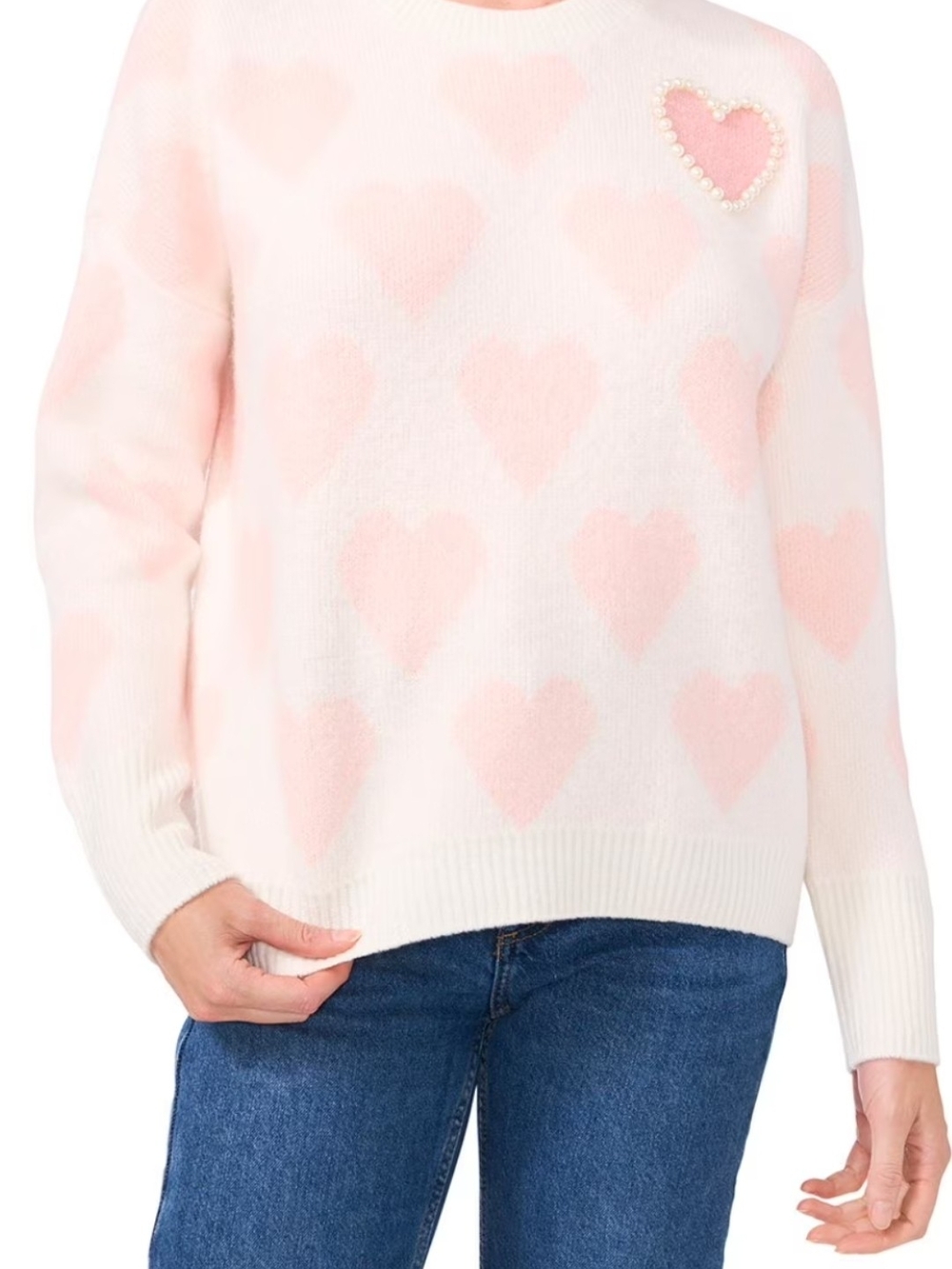 Vince Camuto Cream Crewneck Sweater with Pink Heart Motif